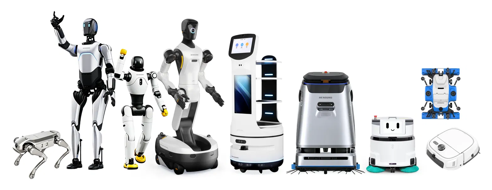 Hensung robotics portfolio including humanoid, service, quadruped, floor-cleaning and facade-cleaning robots